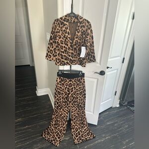 Minnie Rose Leopard Print Wide-Leg Pants in Tan and Black Blazer Set